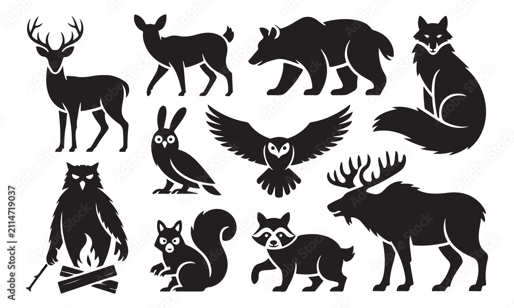 Obraz premium Set of black silhouette featuring various forest animals including a deer, doe, bear, fox, owl, squirrel, raccoon, and moose, with one owl sitting by a campfire with logs