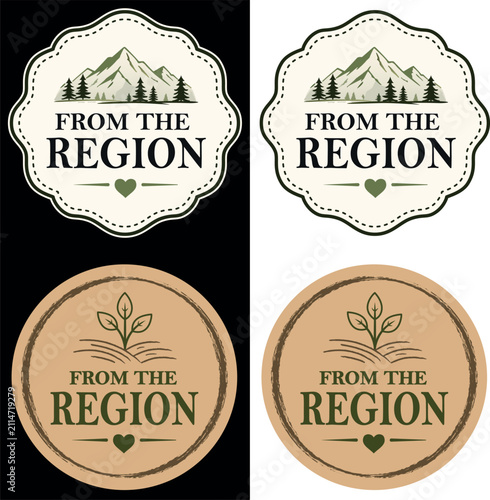 Aus der Region - Siegel Set – Rustikale Embleme für Hofladen und Bio Produkte mit Bergen, Tannen und Pflanze Symbol