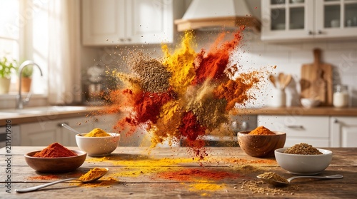 Dynamic spice explosion on rustic wooden kitchen counter with vibrant seasoning