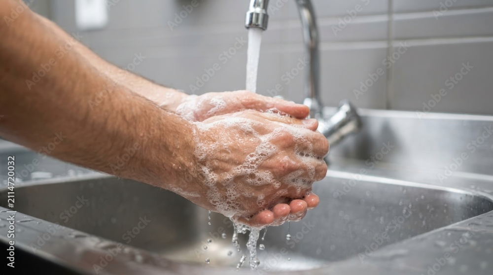 Fototapeta premium Man washing hands with soap and water under a faucet in a kitchen sink