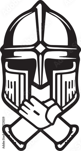 Fotografie A stylized illustration depicts a medieval warrior's helmet with crossed gauntlets beneath, symbolizing strength, honor, and defense