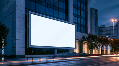 Large illuminated blank billboard mounted beside a modern office building on a city street at dusk, with light trails and urban architecture.