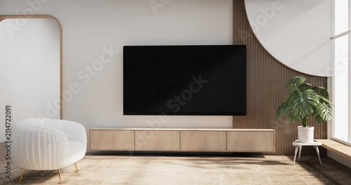 Japanese Living room, cabinet minimalist design on living room muji style.3D rendering