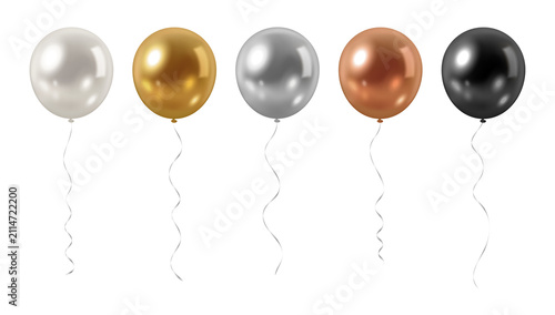 Set of realistic metallic shiny helium party balloons - white, gold, silver, bronze, black on transparent background