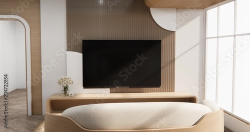 Japanese Living room, cabinet minimalist design on living room muji style.3D rendering