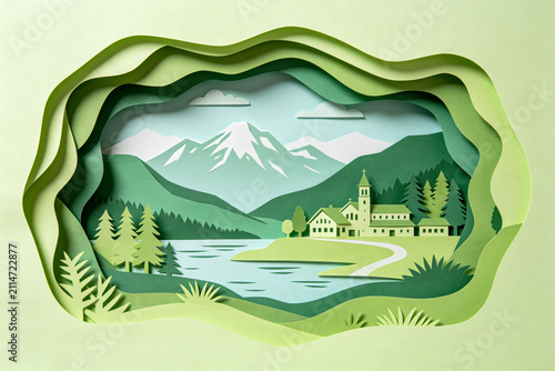  Layered Paper Cut Green Mountain Village