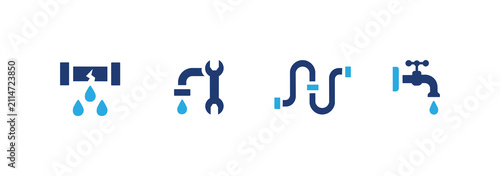 Pipe icon set. Contains plumbing, leak, pipe, and faucet icons. Solid icon illustration pack.