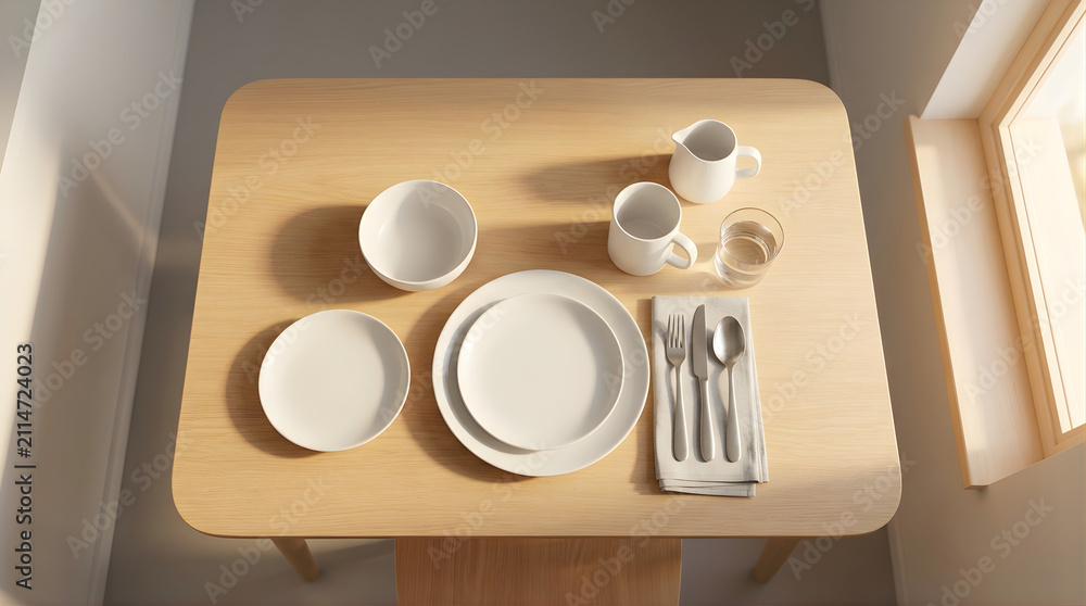 Obraz premium Overhead view of a clean dining table set for one person with white plates cups and silverware bathed in soft natural light from a window