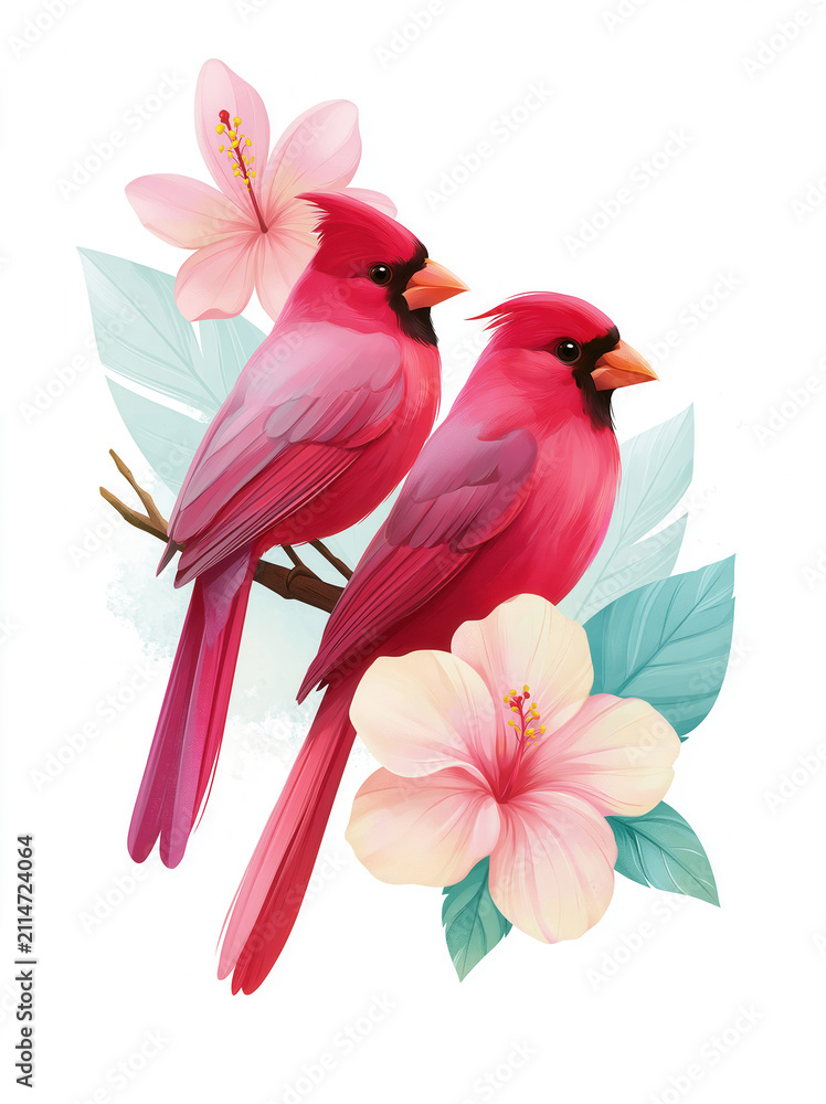 Obraz premium Vibrant Pink Cardinal Birds with Tropical Hibiscus Flowers