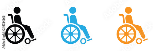 Disabled person in wheelchair vector icon set featuring handicap accessibility symbols in black silhouette, blue, and orange flat designs for medical and healthcare signage