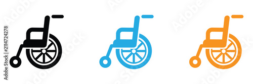 Wheelchair vector icon set featuring handicap accessibility symbols in black silhouette, blue, and orange flat designs for medical, hospital, and public facility signage