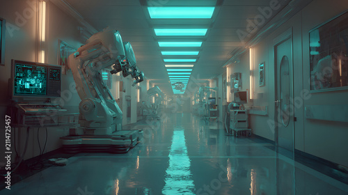 Futuristic hospital corridor with robotic surgical arms, clinical lighting and reflective floor conveying sterile advanced medical innovation