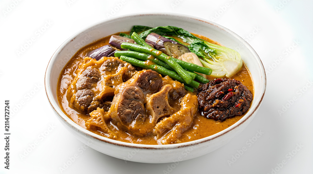 Fototapeta premium Delicious Beef Stew with Vegetables and Rich Broth in a White Bowl.