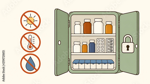 Safe Medicine Storage in Locked Cabinet with Protection Symbols