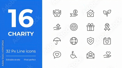 Collection of sixteen charity and donation thin line icons with donation foundation community nonprofit philanthropy volunteer