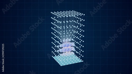 Abstract Connected Particle Network with Dotted Lines on Blue Grid Background. 4K