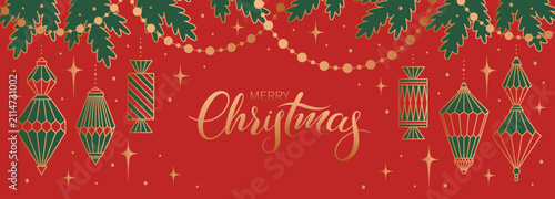 Christmas horizontal background with gold vintage decorations red-green color. Xmas design for winter holidays. Vector illustration
