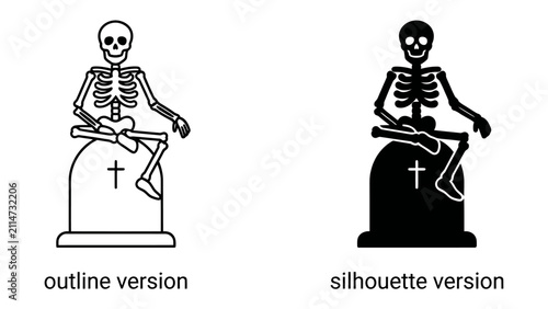 Fotografie Spooky Skeleton on Gravestone: Two skeletal figures, one in outline and one in silhouette, are depicted seated on a tombstone, ready for Halloween or a morbid theme