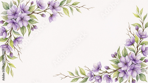 Soft watercolor cherry blossom border with pink flowers and leaves on white background, elegant spring floral design with copy space