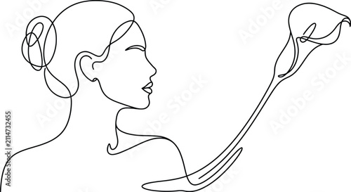 Bild auf Leinwand Minimalist continuous line drawing of a womans profile holding a calla lily eleg