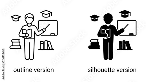 Teacher with Pointer and Books: A teacher stands at a blackboard with a pointer and books, surrounded by graduation caps, symbolizing education and learning.