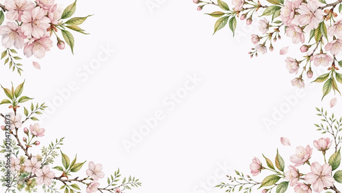 Soft watercolor cherry blossom border with pink flowers and leaves on white background, elegant spring floral design with copy space