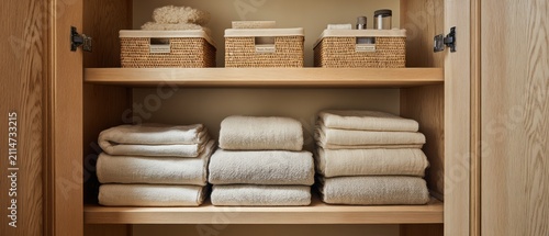 Organized wooden shelf with folded linen towels and wicker storage baskets in wardrobe. Home interior design and decluttering concept for minimalist lifestyle and bathroom storage system.