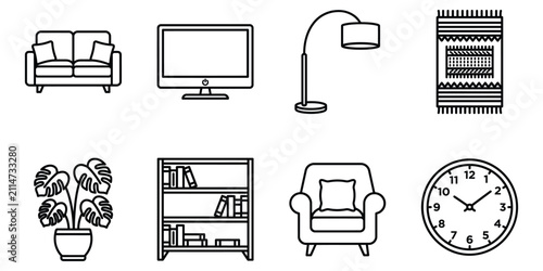 Set of home interior furniture icons including sofa television lamp rug plant bookshelf armchair wall clock with furniture interior television
