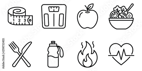 Set of healthy lifestyle and fitness icons including measuring tape scale apple salad cutlery water bottle fire heart pulse with nutrition, lifestyle