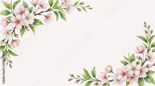 Soft watercolor cherry blossom border with pink flowers and leaves on white background, elegant spring floral design with copy space