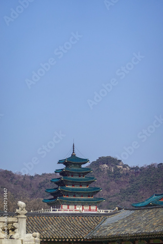 Multi Tiered Pagoda Beyond Palace Roofs