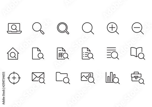 Minimalist search line icons set, 18 vector magnifying glass symbols for web interface, black outline discovery and analysis signs for business apps