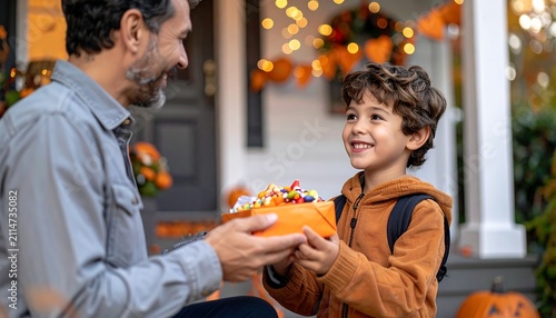 Father giving Halloween candy to his son on the porch.