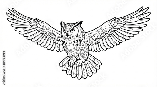 Flying Owl Coloring Page Outline Illustration | Black and White Wildlife Bird Line Art for Kids