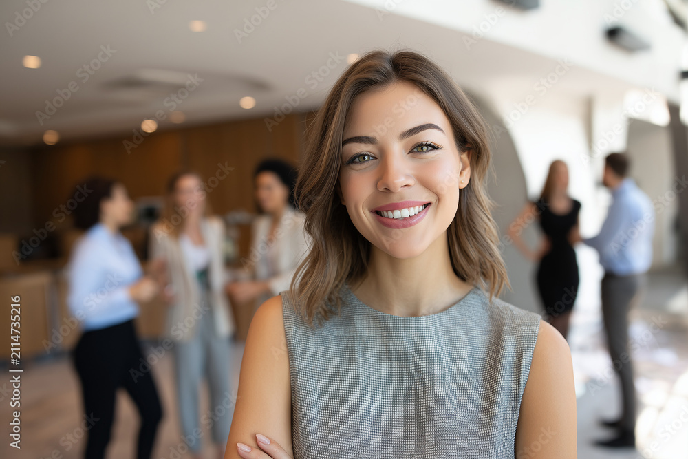 Fototapeta premium Portrait of happy smiling confident young very attractive businesswoman CEO professional manager entrepreneur in a skirt in a business meeting teamwork looking at camera, diverse businesspeople