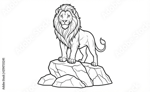 Majestic Lion Standing on Rock Coloring Page Outline Illustration | Black and White Wildlife Line Art for Kids