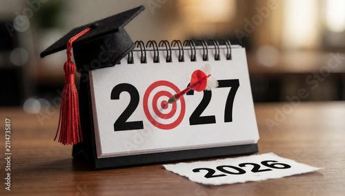 Calendar turning 2026 to 2027 with graduation cap and target