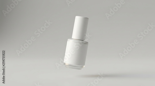 A White Nail Polish Bottle Floats Gracefully in a Studio Setting Against a Soft Gray Background Showcasing Minimalist Product Presentation