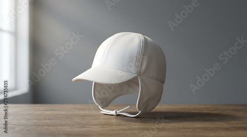 A White Leather Aviator Hat with Ear Flaps and Chin Strap Resting on a Wooden Table with Soft Window Light