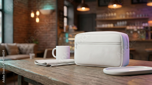 A White Utility Pouch Sits On A Wooden Table In A Coffee Shop With A Cup And Napkin Nearby Creating A Cozy Atmosphere
