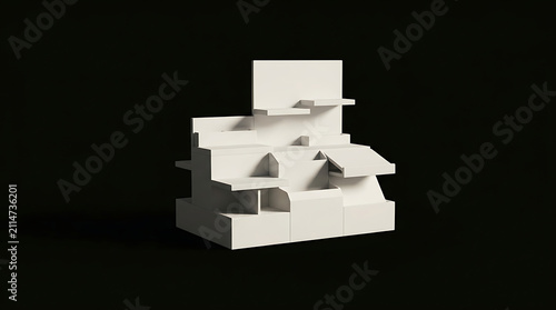 Abstract Architectural Model of Modular Shelving Unit in White with Geometric Shapes and Shadows Against a Dark Background