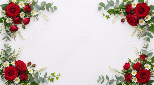  cherry blossom border with red rose flowers and leaves on white background, elegant spring floral design with copy space