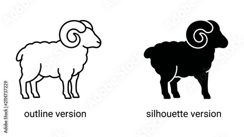 фотографія Ram outline and silhouette: Two depictions of a ram, one in an outline style and the other as a solid silhouette, showcase the distinct curved horns and woolly body of the animal