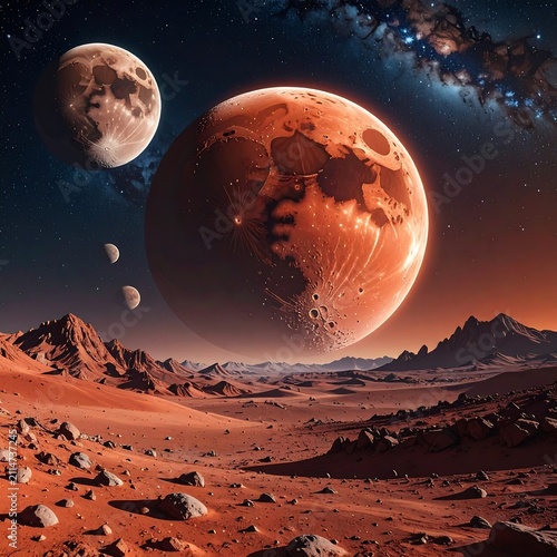 A reddish-orange planet looms large in a starry night sky, accompanied by a smaller moon and a distant landscape of rugged terrain