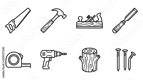 Carpentry and woodworking tools line art icons set with carpentry woodworking measurement construction handyman hardware equipment workshop