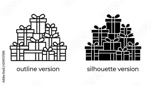 Cuadro en lienzo Pile of Gift Boxes: An outline and silhouette of multiple gift boxes stacked high, each adorned with a ribbon and bow, symbolizing presents and celebrations