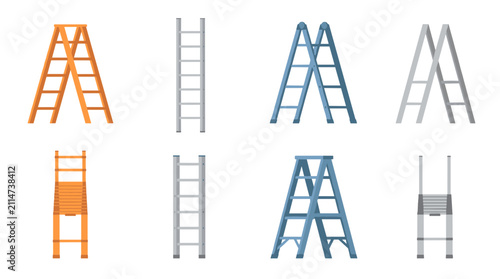 Flat vector collection of folding step ladders and straight extension ladders in orange, blue and gray shades, various household ladder types