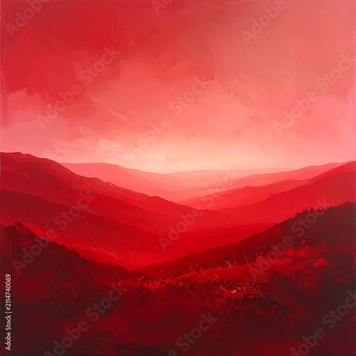A red-tinted landscape painting of a mountain range at sunset