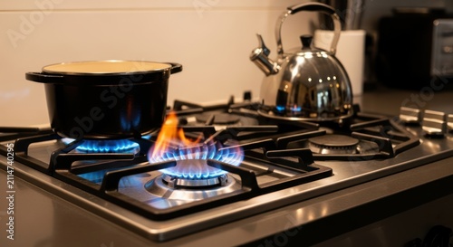 Gas stove burner with pot and kettle boiling.