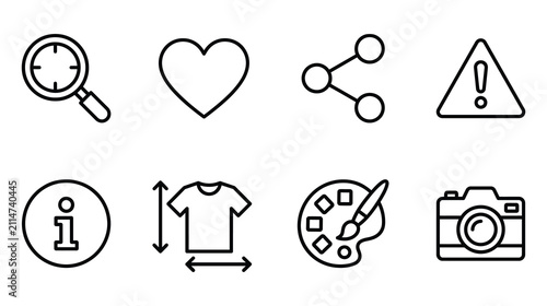 Set of UI essential outline icons including search magnifier heart share warning info clothing size palette and camera vector illustration